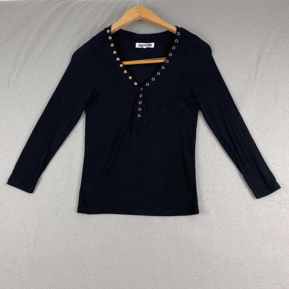 Joah Brown Shirt Womens M/L Black Henley Long Sleeve Ribbed Knit Top Stretch